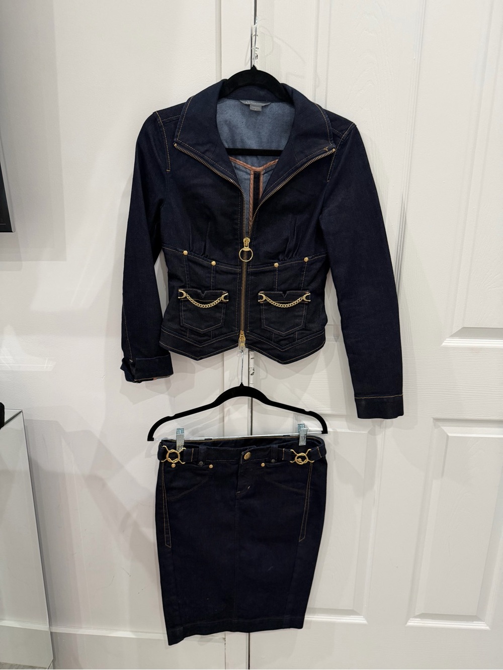 Armani Exchange Dark Indigo Denim Jacket and Skirt Set with Gold Accents